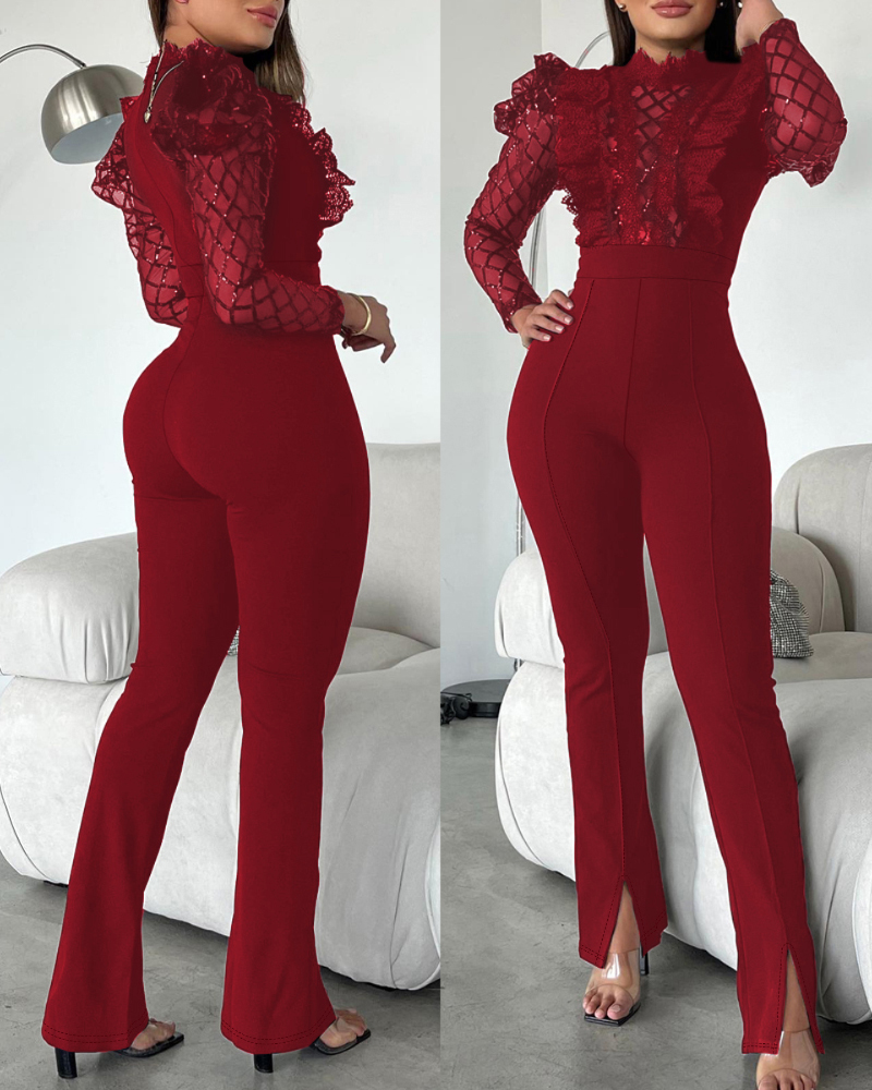 

Elegant Mesh See Through Long Sleeve Jumpsuits Contrast Lace Sequin Patch Casual Overalls, Wine red