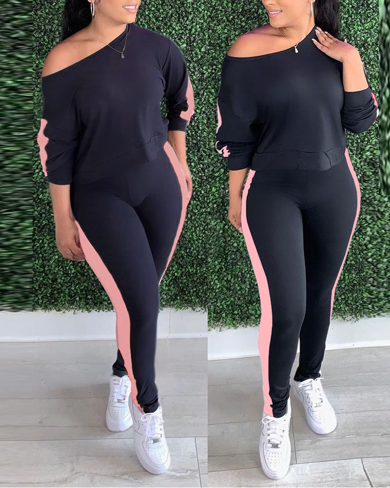 

Striped Patchwork Long Sleeve Top & Pants Set, Black