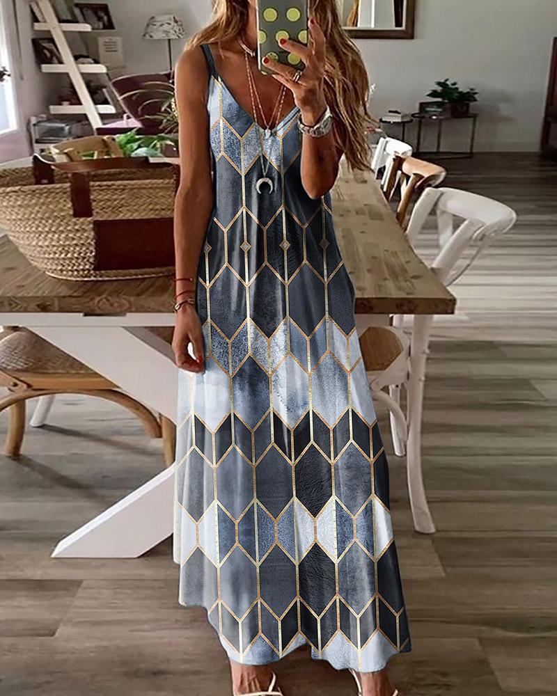 

Colorblock Patterns Print Sleeveless Loose Long Dress, Style1