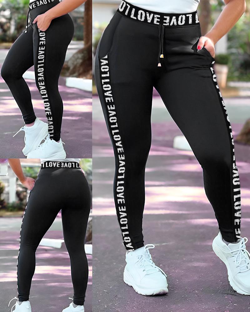 

Love Letter Tape Patch Drawstring Skinny Pants, Black