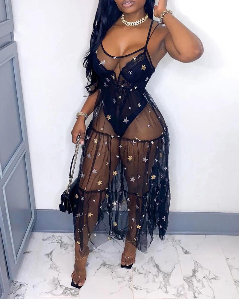 

Star Floral Pattern Sequins Sheer Mesh Maxi Dress, Black