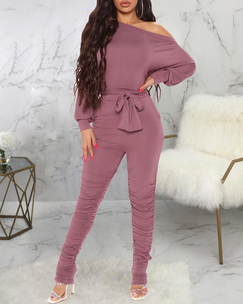 

Long Sleeve Tied Detail Ruched Jumpsuit, Pink