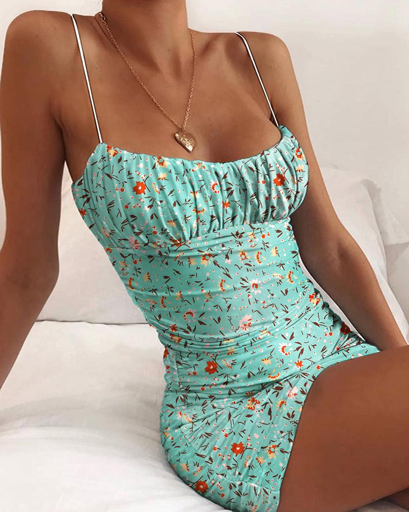 

Floral Print Ruched Cami Bodycon Dress, Green