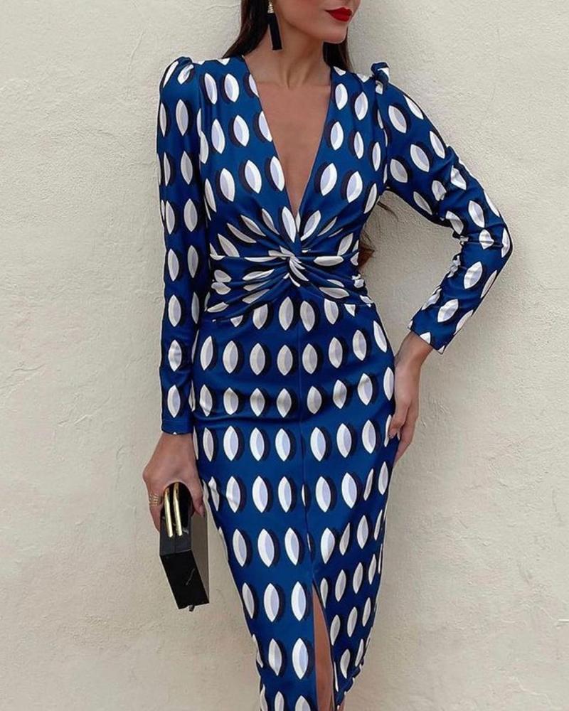 

Plunge Allover Print Puff Sleeve Backless Slit Maxi Dress, Blue