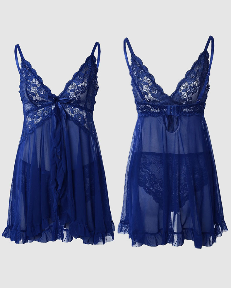 

Bowknot Decor Sheer Mesh Lace Babydoll With Thong, Blue