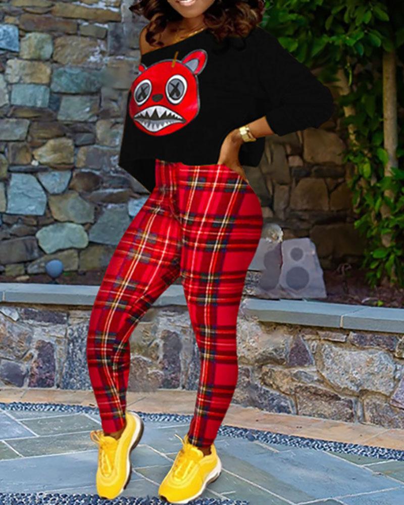 

Cartoon Print Long Sleeve Top & Plaid Pattern Pants Sets, Black