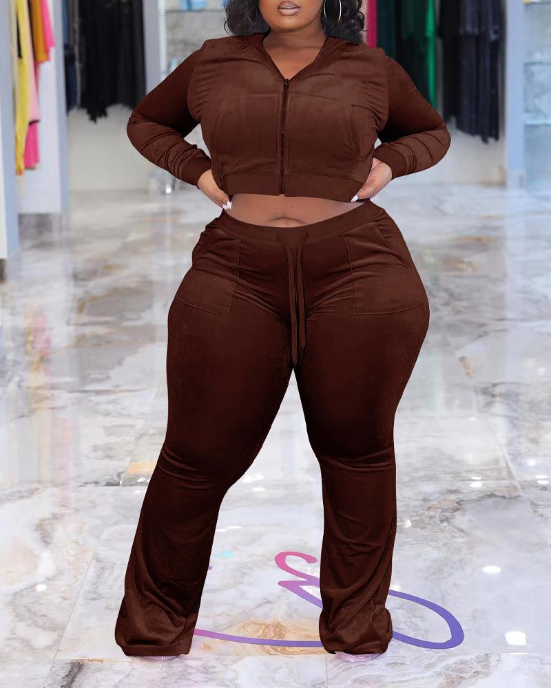 

Plus Size Velvet Hooded Zip Up Crop Top & Pants Set, Coffee