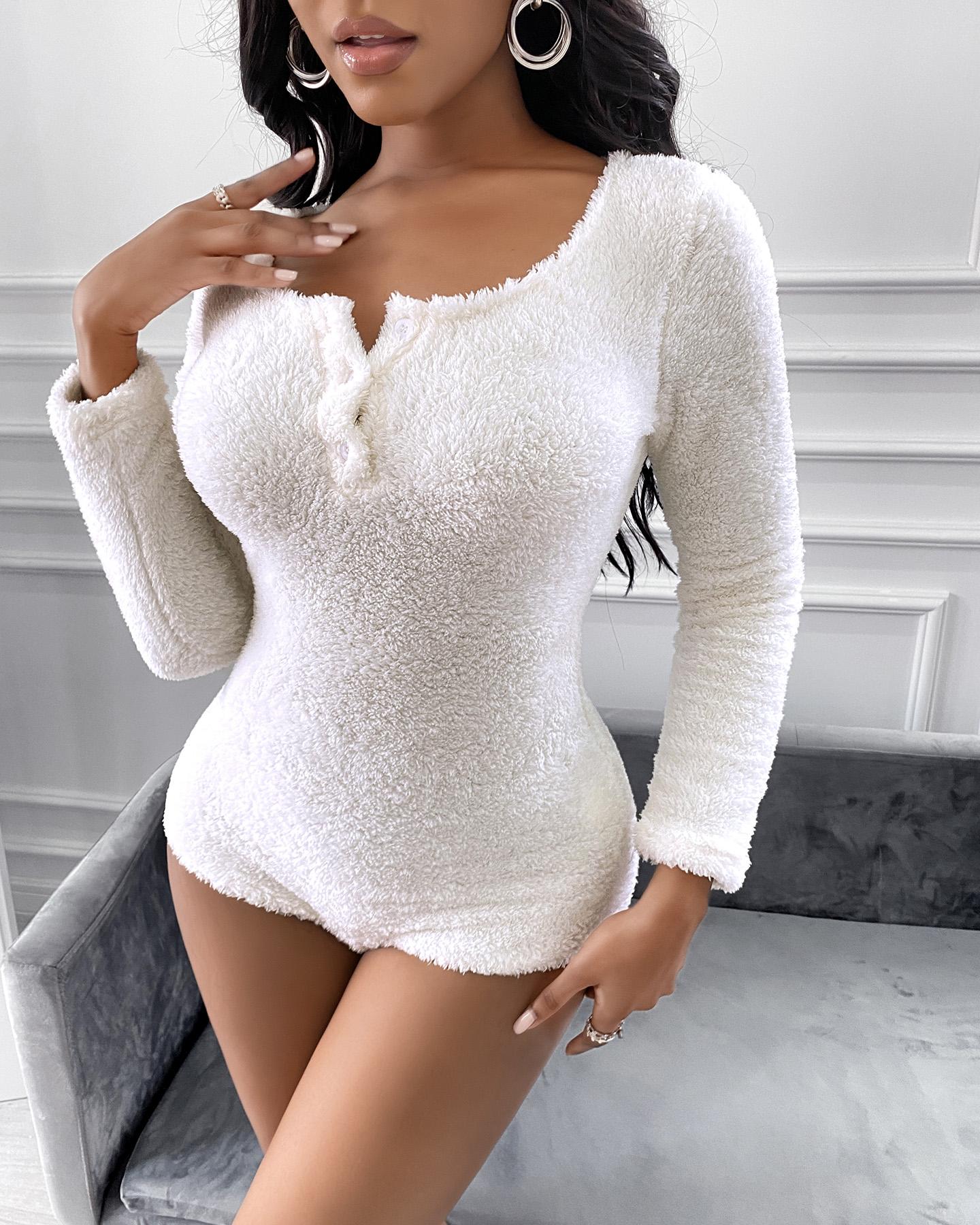 

Fluffy Button Design Long Sleeve Romper, White