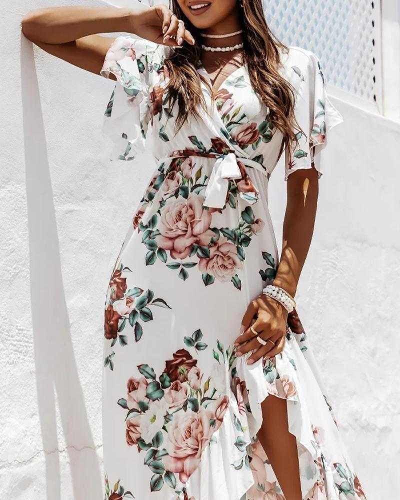 

Floral Print Ruffle Hem Belted Wrap Dress, White