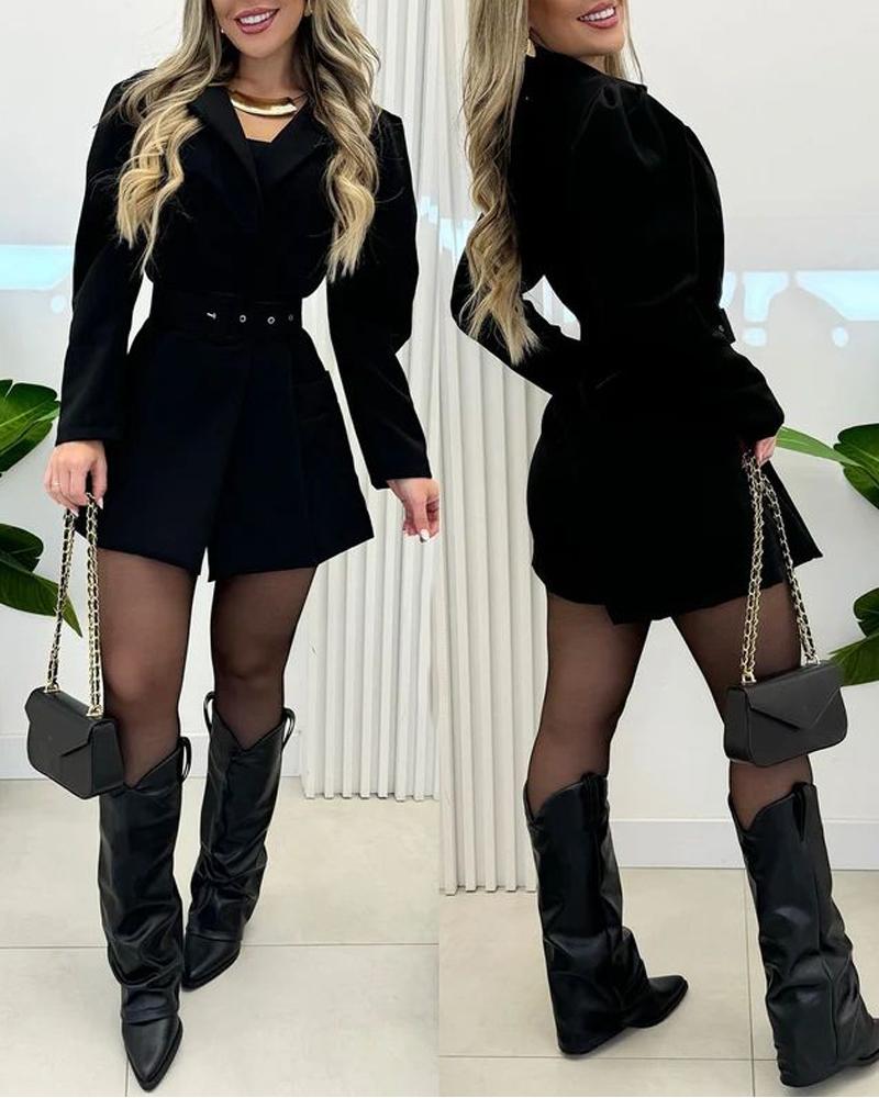 

Notched Collar Puff Sleeve 2-in-1 Blazer Romper With Detachable Belt, Black