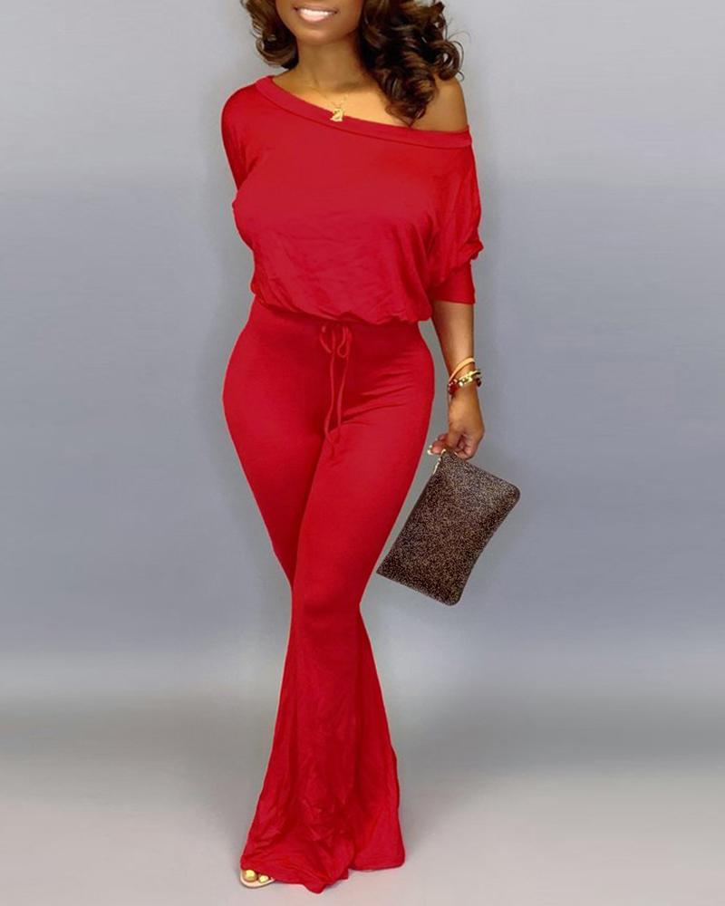 

Off Shoulder Batwing Sleeve Drawstring Bootcut Jumpsuit, Red