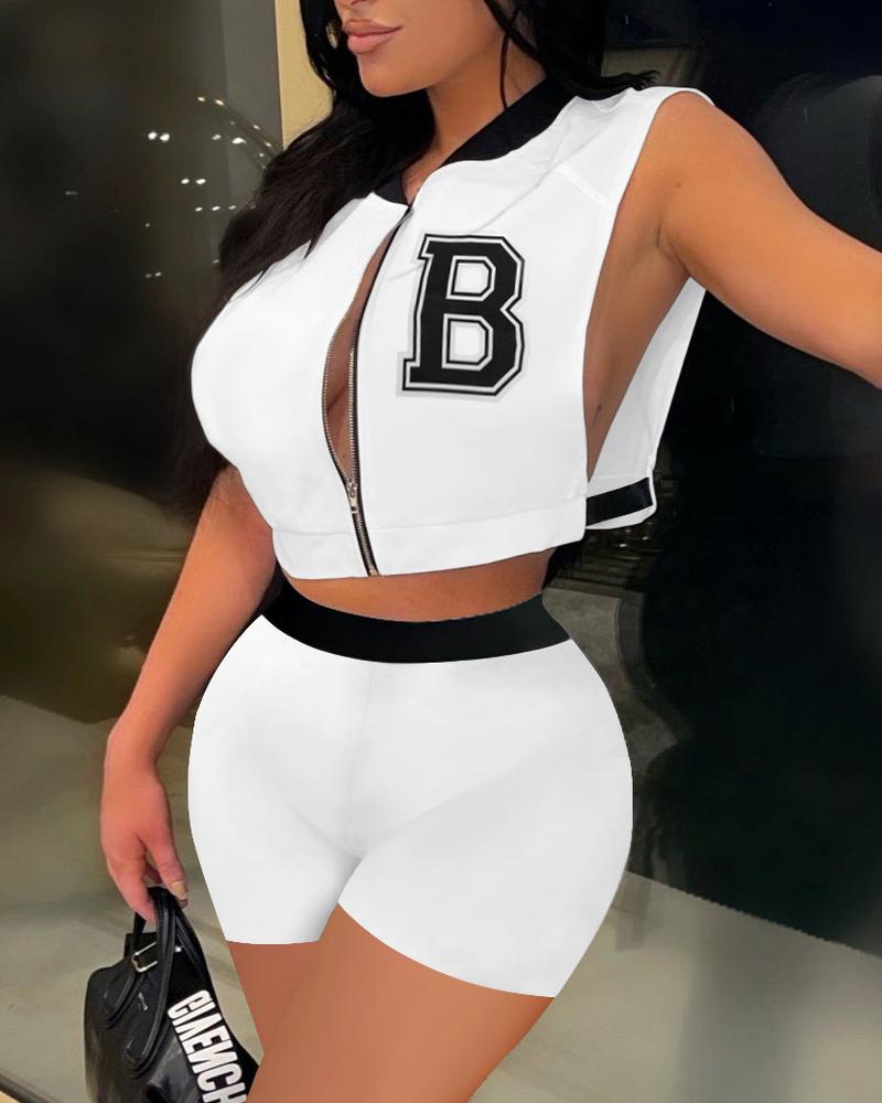 

Contrast Paneled Split Hem Zip Up Crop Top & Shorts Set, White