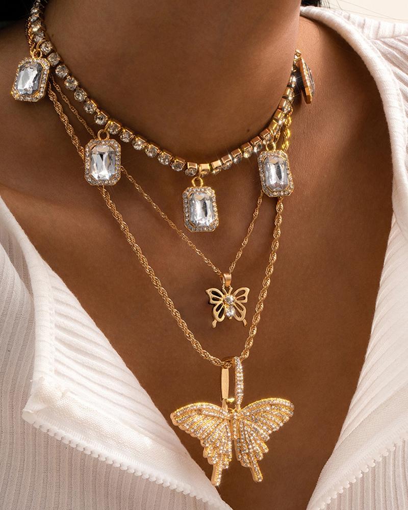 

Rhinestone Butterfly Pendant Studded Chain Necklace, Gold