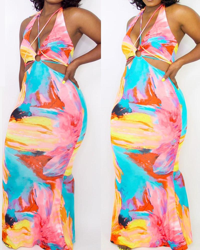 

Tie Dye Print O-Ring Decor Cutout Maxi Dress, Multicolor