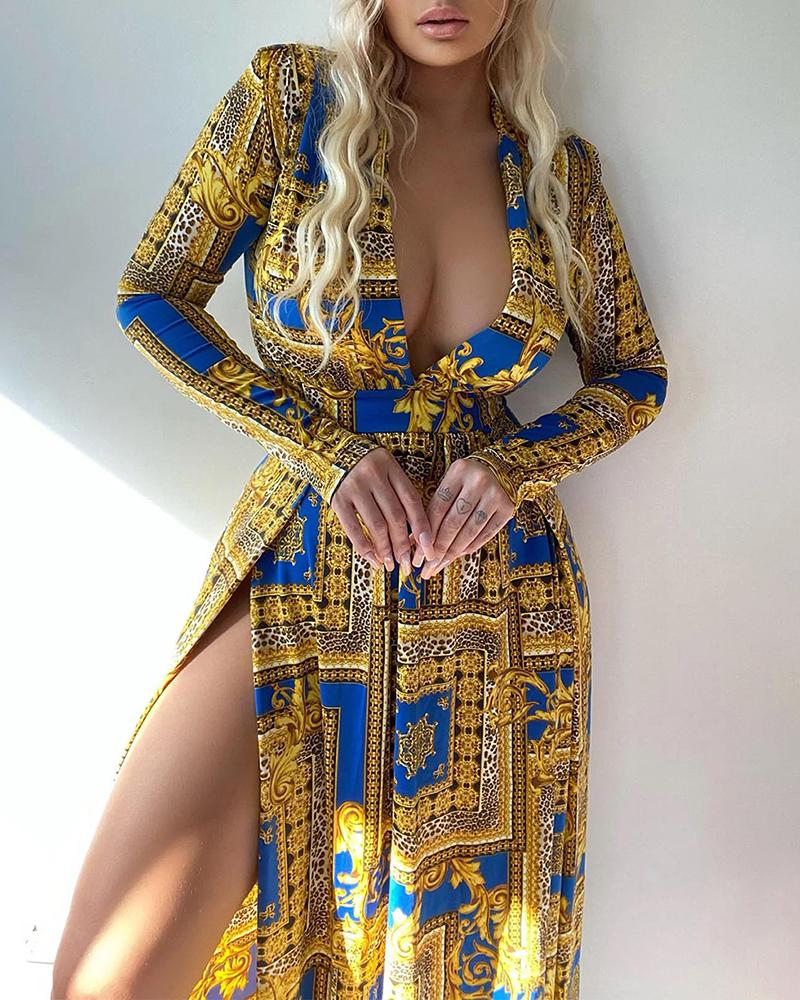 

Baroque Print Long Sleeve Slit Maxi Dress, Yellow