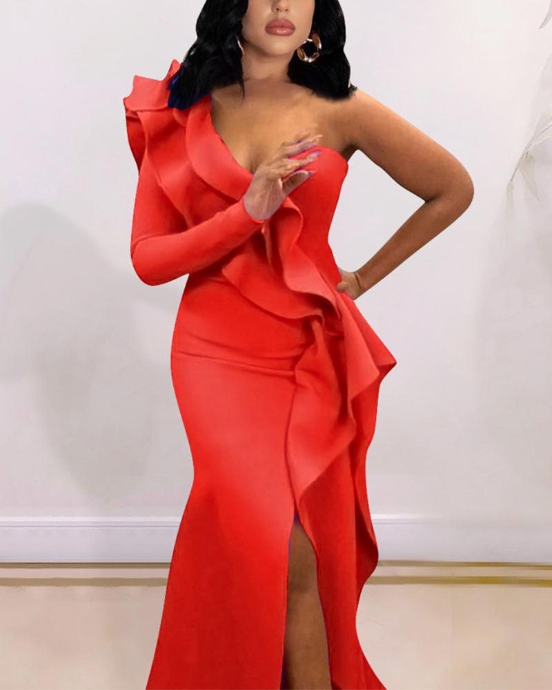 

One Shoulder Ruffle Hem Split Evening Dress, Red