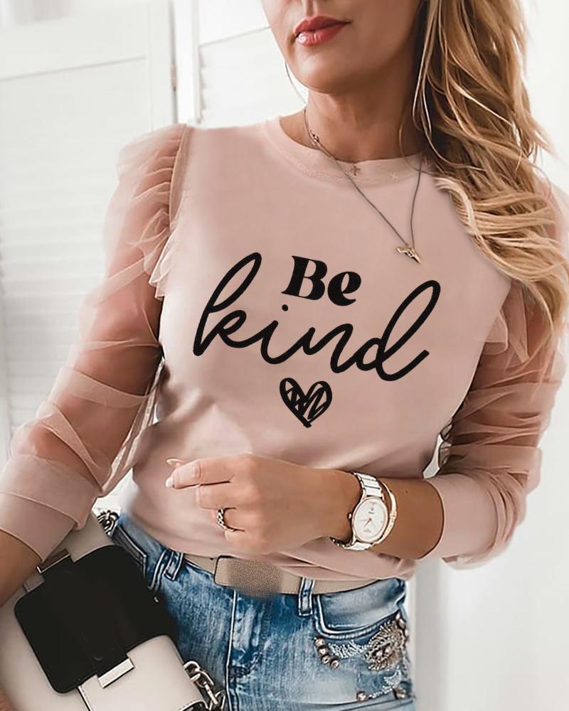 

Letter Heart Print Sheer Mesh Puff Sleeve Top, Pink