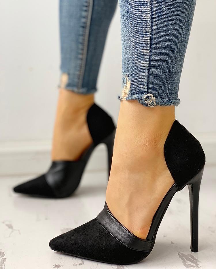 

Pointed Toe Suede & PU Heels, Black