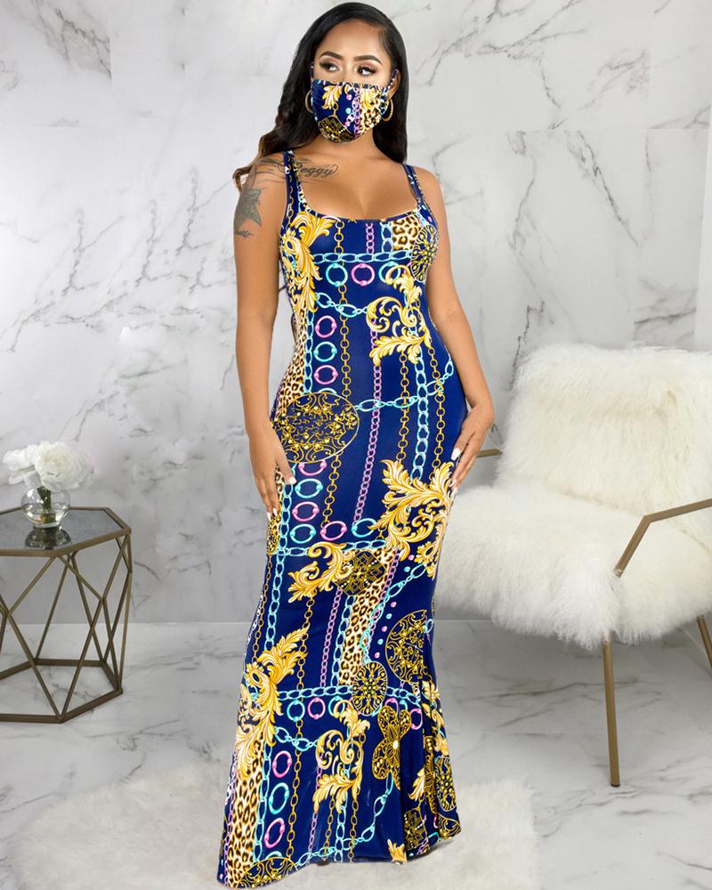 

Chain Baroque Print Thick Strap Maxi Dress, Dark blue