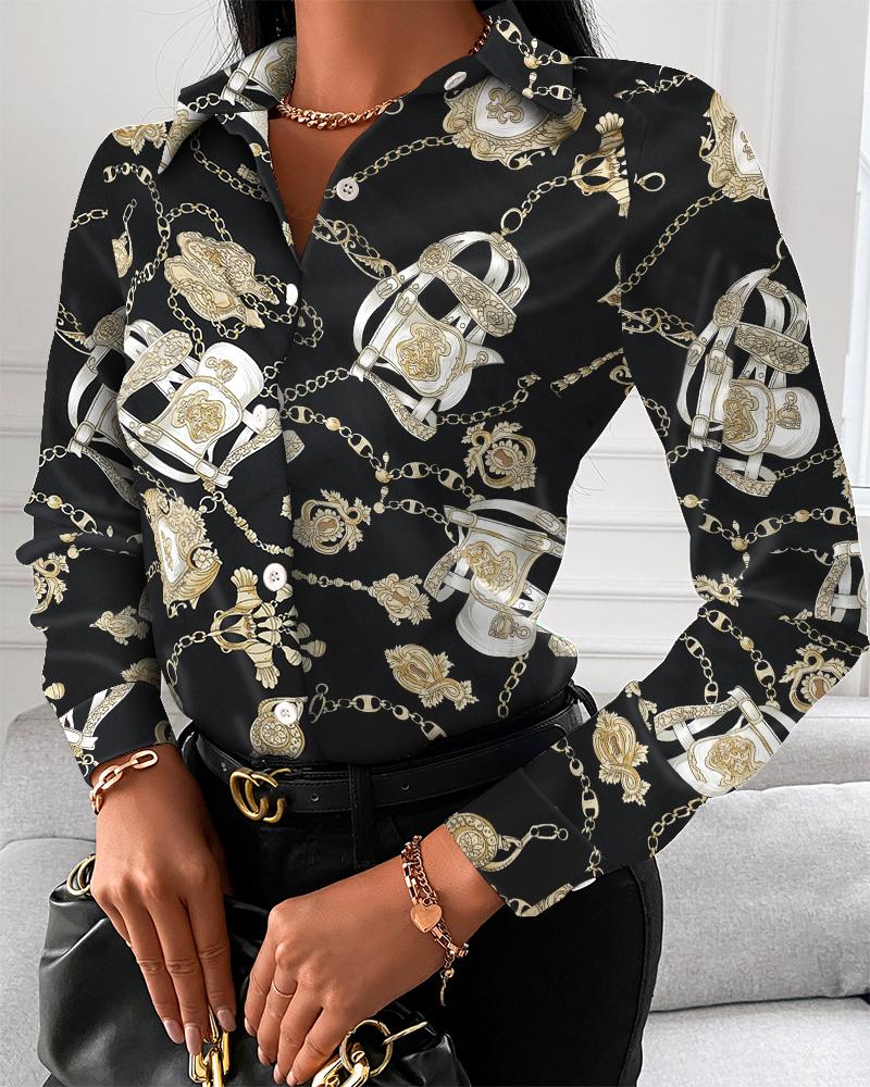 

Chain Print Button Up Long Sleeve Blouse, Black