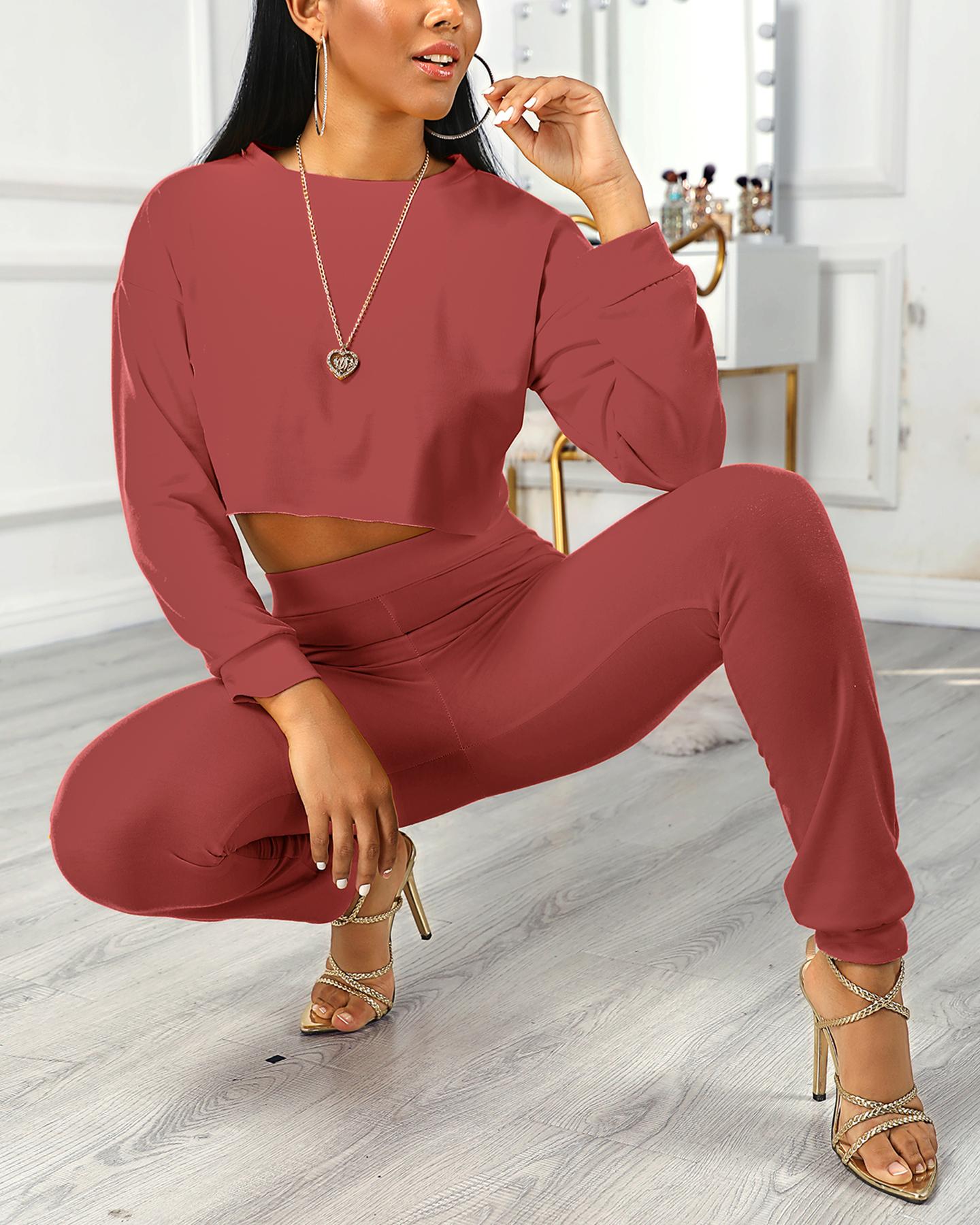 

Frill Hem Crop Top & Pocket Design Pants Sets, Wine red