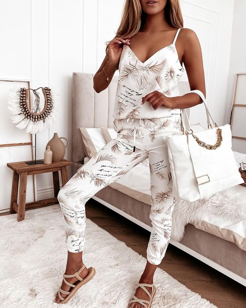 

Letter Pattern Plants Print Top & Drawstring Pants Set, White