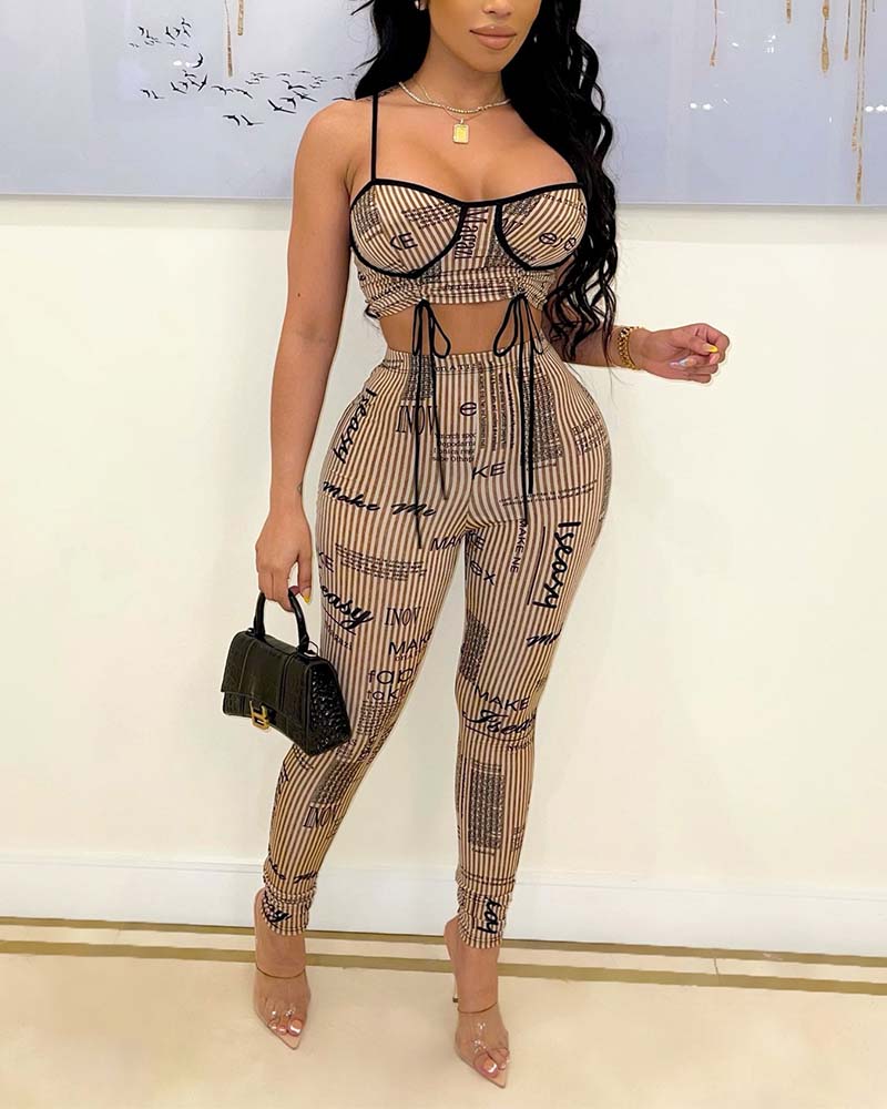

Letter Print Drawstring Ruched Crop Cami Top & Pants Set, Brown