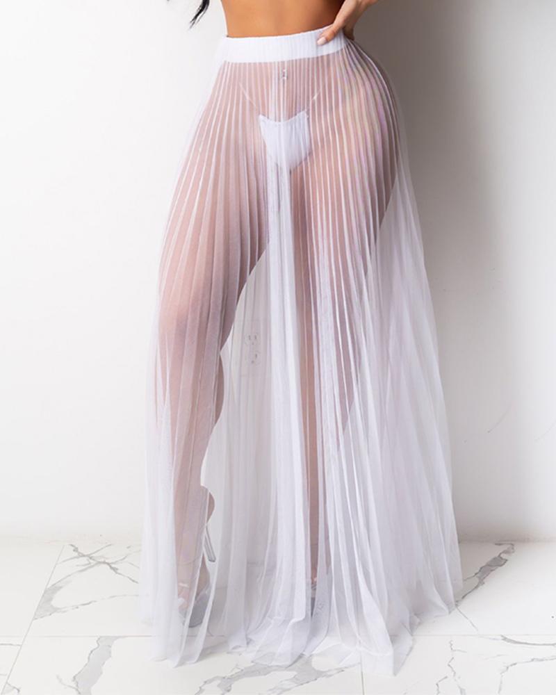 

High Waist Sheer Mesh Pleated Maxi Skirt, White