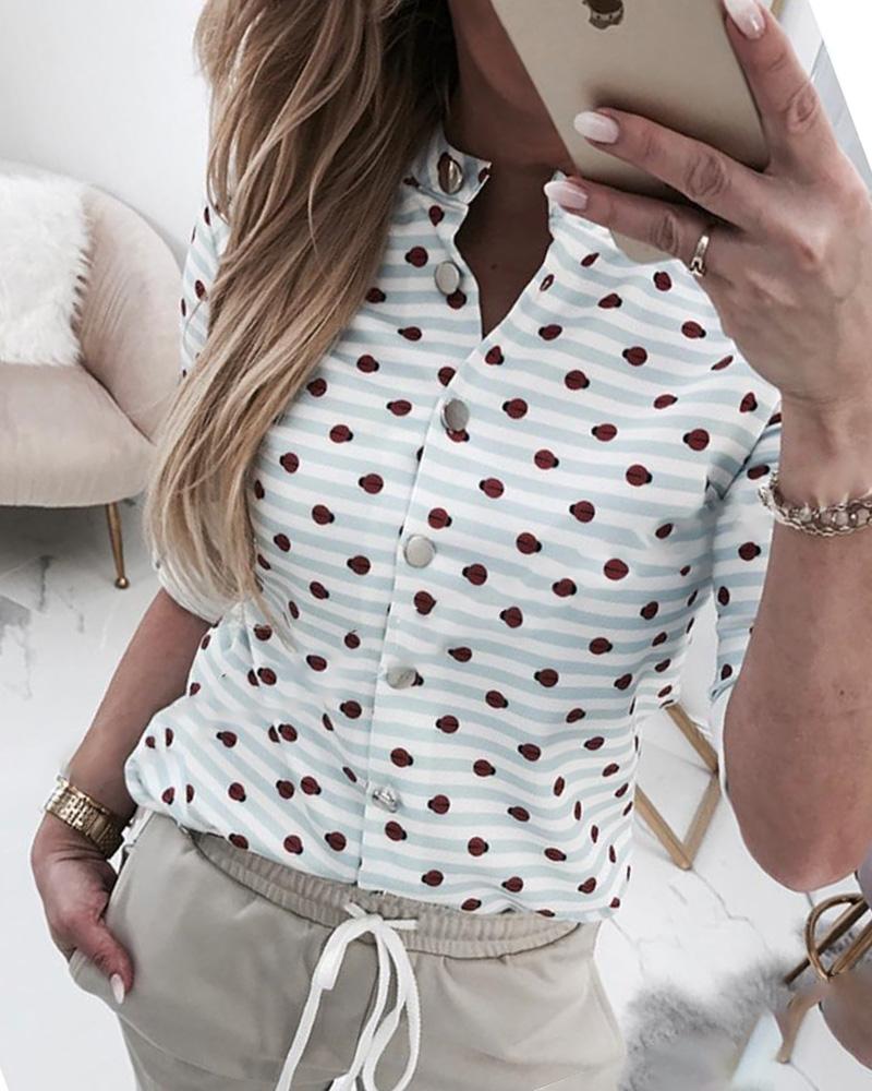 

Button Detail Striped Dot Print Casual Shirt, Lighted blue