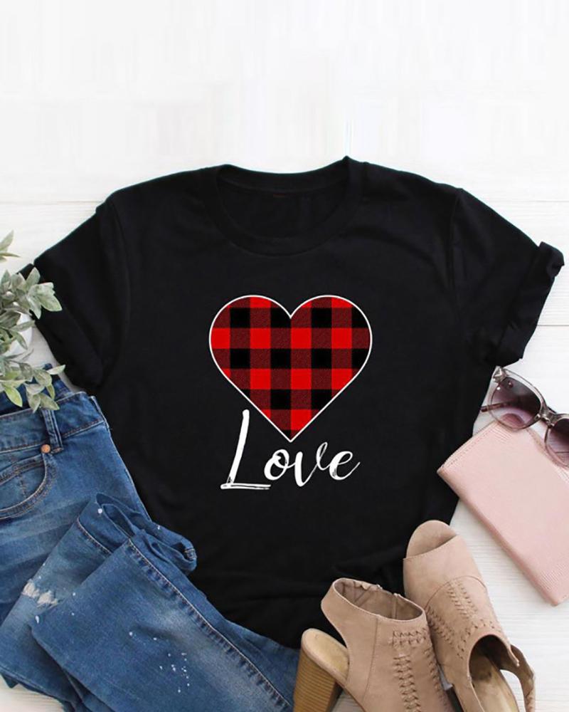 Valentine's Day Heart Print O-Neck T-shirt