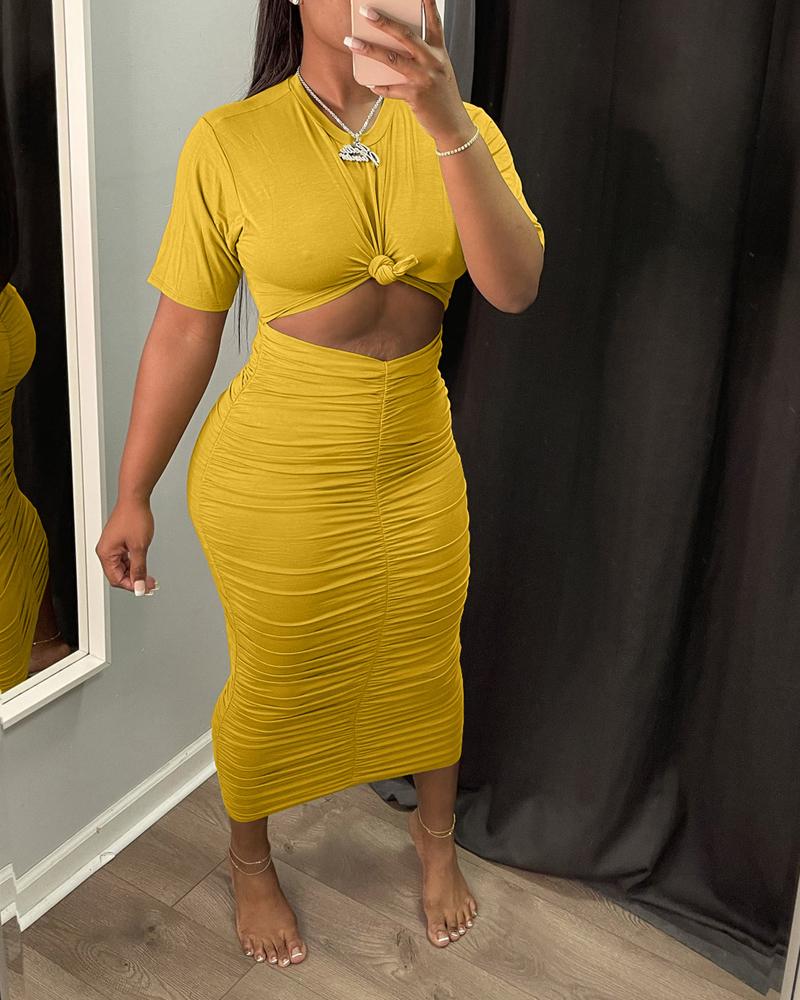 

Short Sleeve Cutout Front Ruched Casual Dress, Yellow
