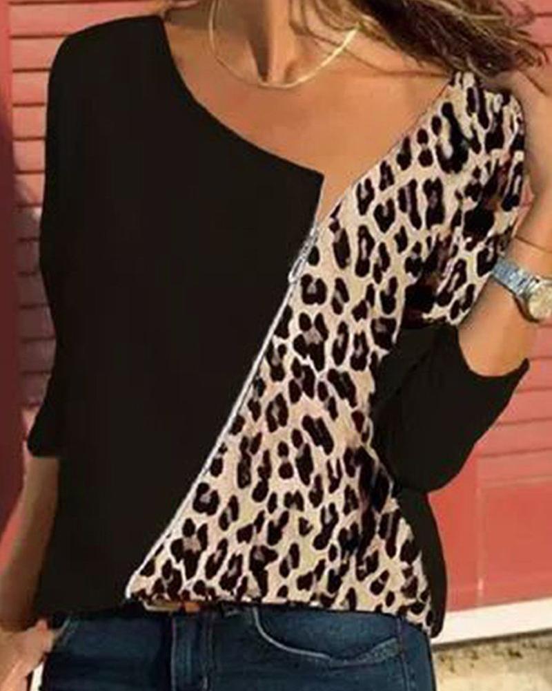 

Cheetah Print Colorblock Long Sleeve Top, Black