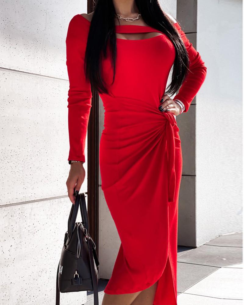 

Off Shoulder Cutout Tied Detail Split Dress, Red
