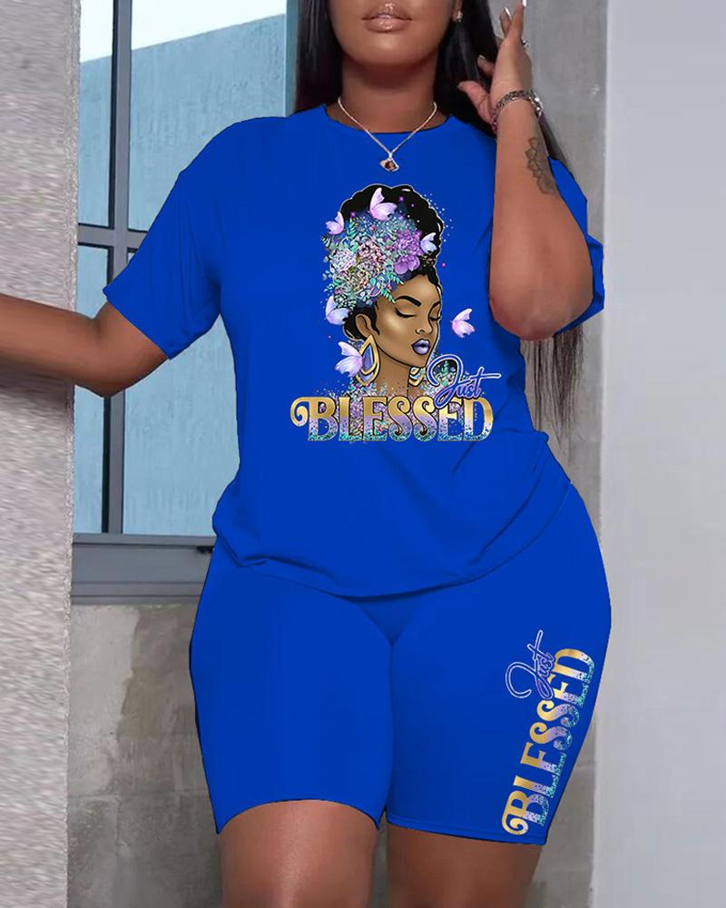 

Plus Size Just Blessed Figure Print Casual T-shirt & Shorts Set, Blue