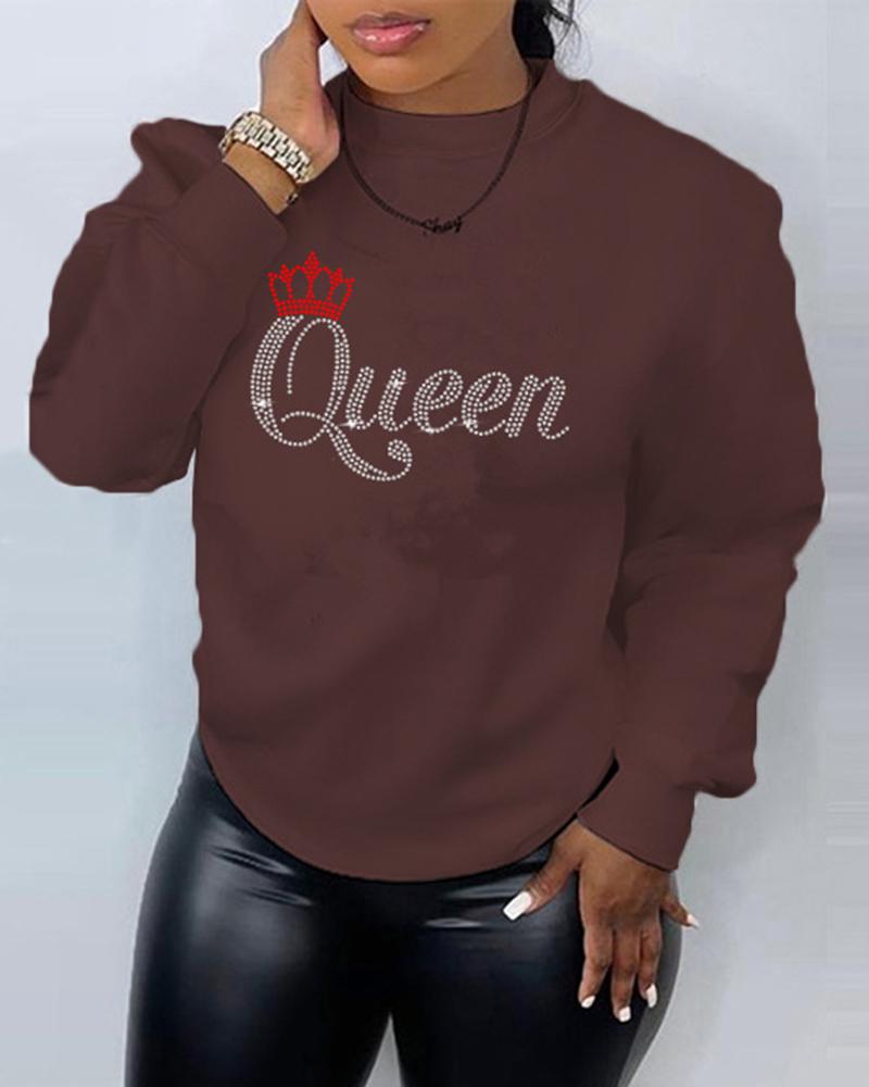 

Rhinestone Letter Queen Pattern Long Sleeve Sweatshirt, Brown