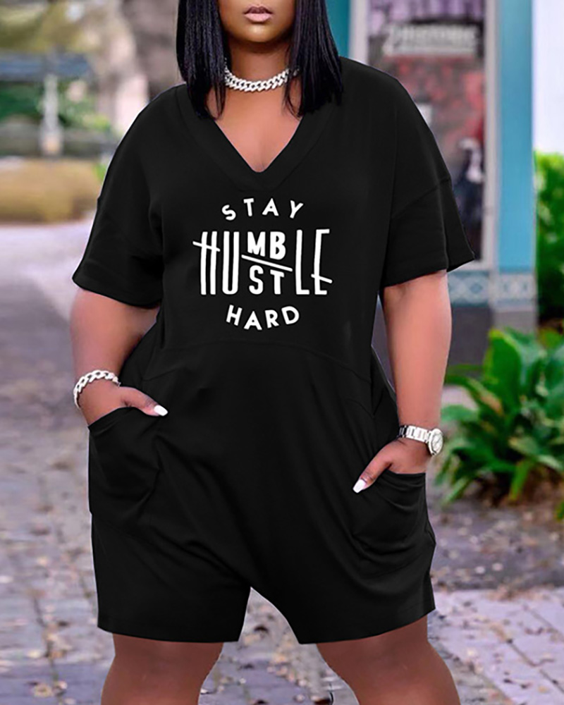 

Letter Print Pocket Design Short Sleeve Casual Romper, Black
