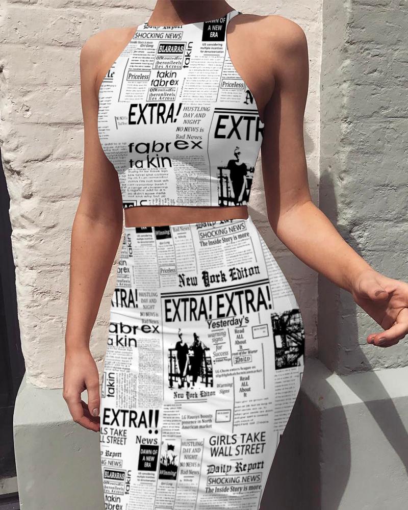 

Newspaper Print Top & Midi Skirt Set, White