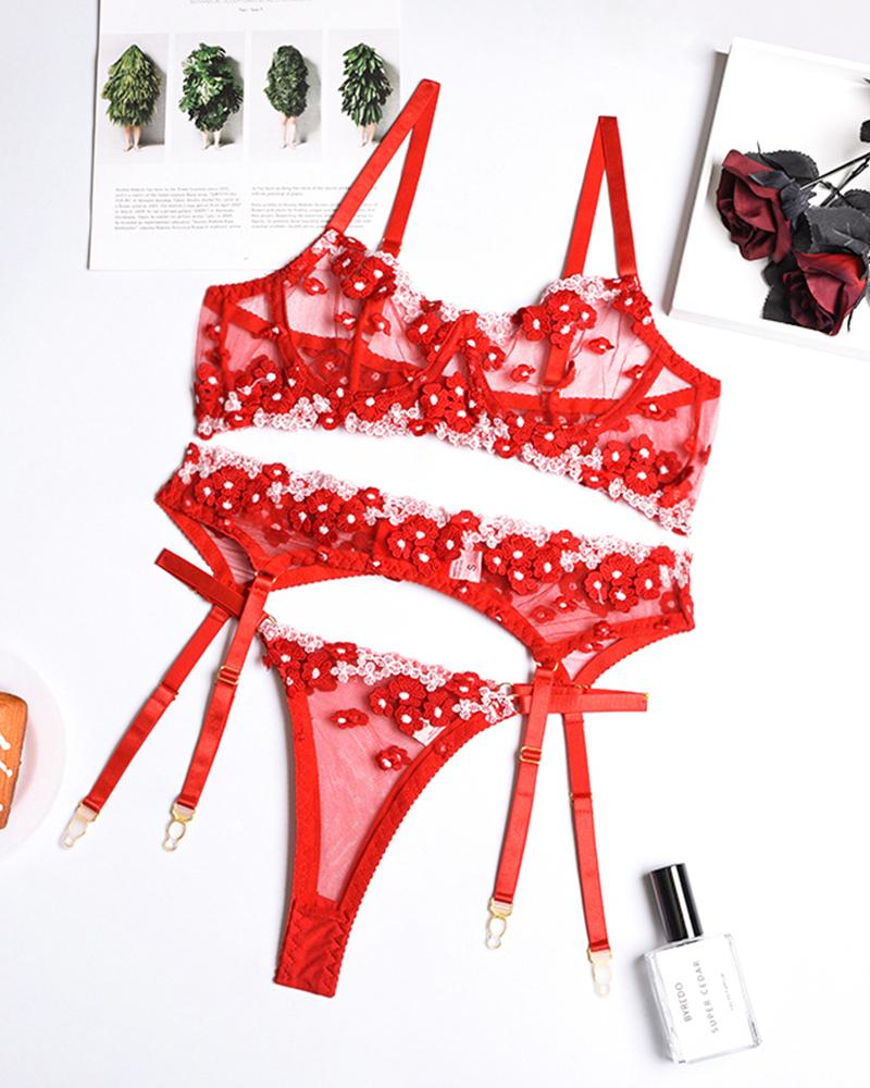 

Sexy Mesh Splicing Floral Lace Sling Bra Sets With Garter, Red