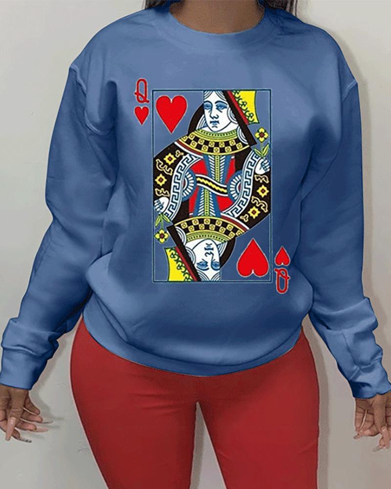 

Poker Print Long Sleeve Casual Sweatshirt, Blue