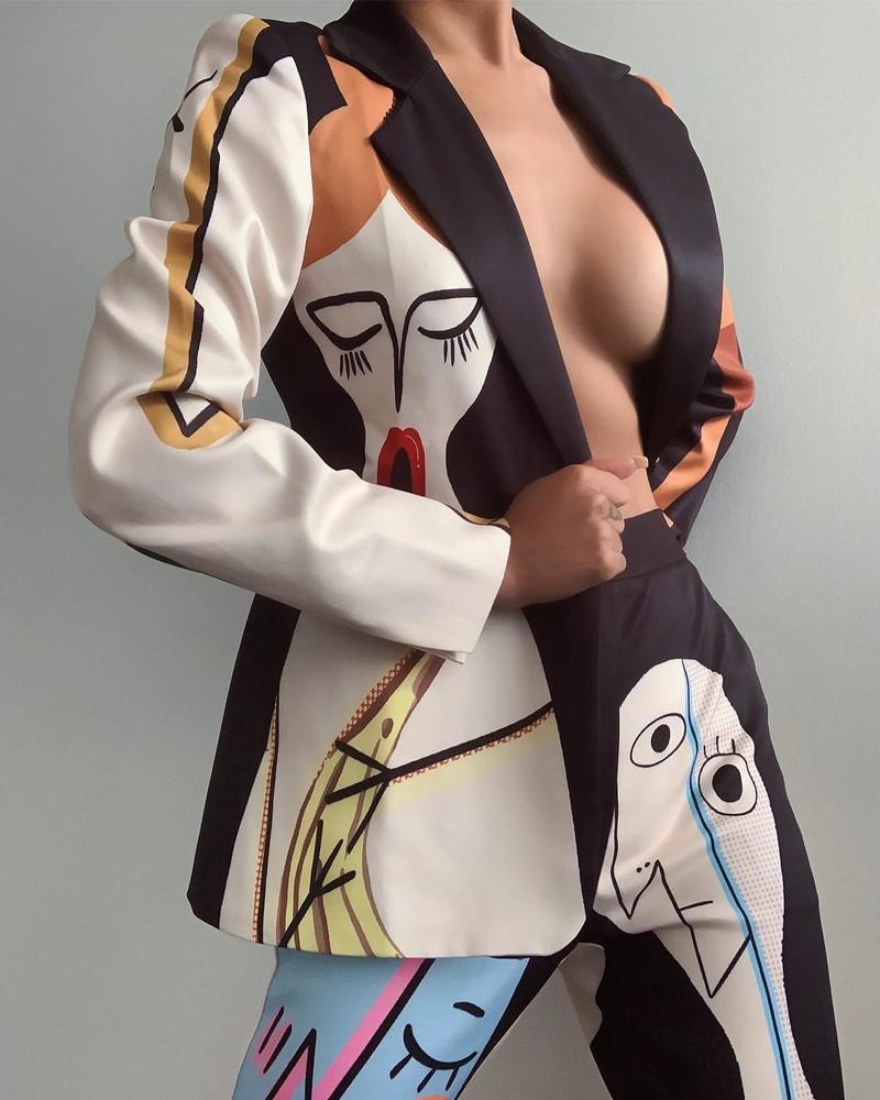 

Abstract Figure Print Lapel Collar Blazer, Apricot