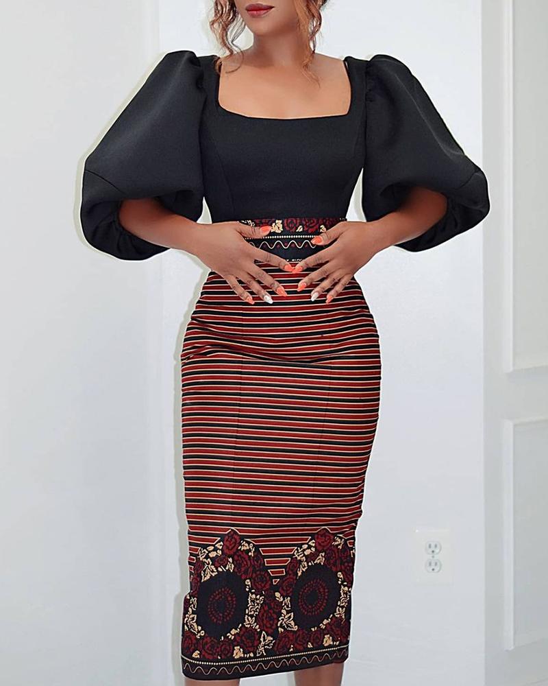 

Striped Puff Sleeve Zipper Design Dress, Black
