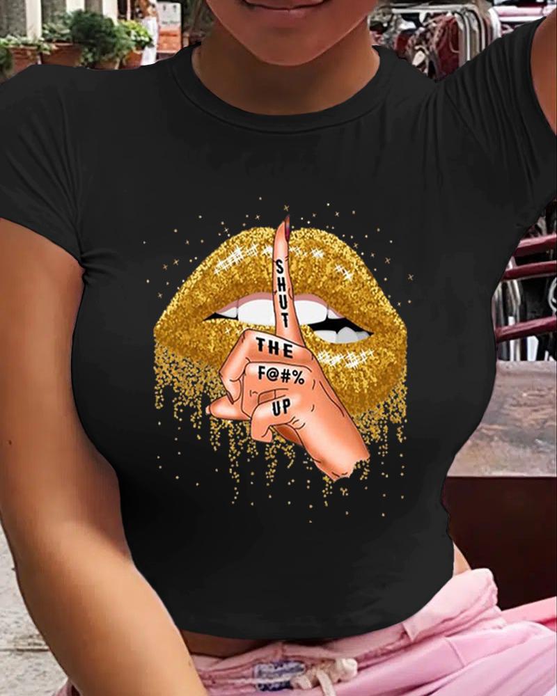 

Plus Size Slogan Print Short Sleeve Casual T-shirt, Black