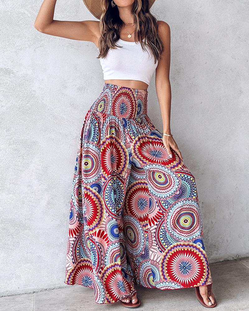 

Geometric Tribal Print Shirred Wide Leg Pants, Red