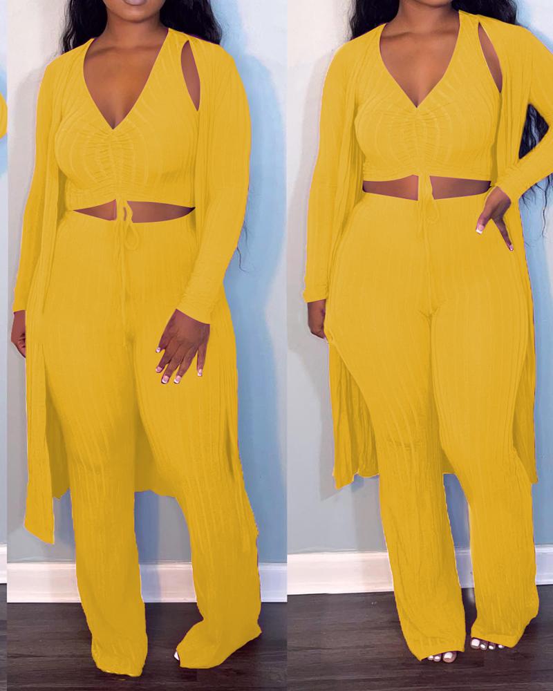 

3PCS Ribbed Crop Tank Top & Pants Set With Coat, Yellow