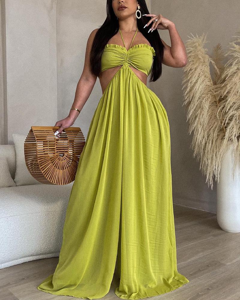 

Cutout Waist Wide Leg Flared Jumpsuit, Green