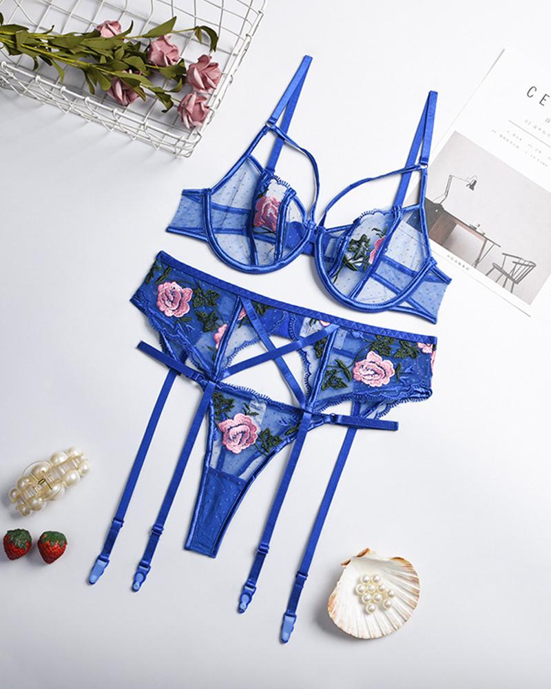

Floral Embroidered See Through Lace Garter Underwire Lingerie Set, Blue