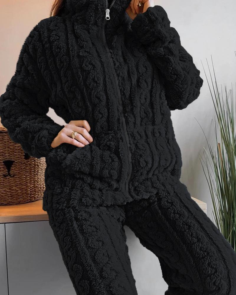 

Conjunto de 2 peças de blusa e calça de pelúcia felpuda com gola alta texturizada jacquard com zíper, Black