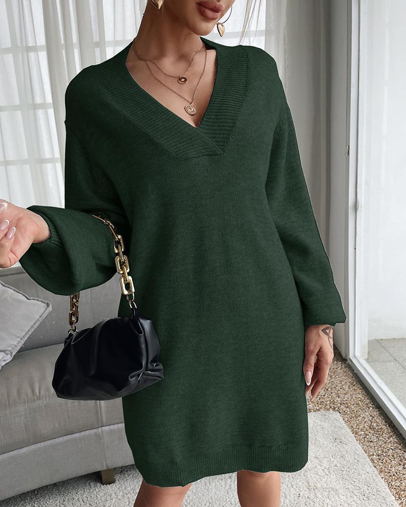 

Knit Long Sleeve V Neck Casual Dress, Green