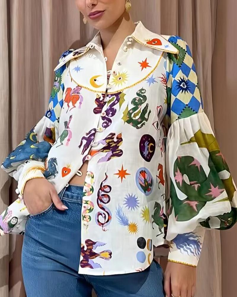 

Graphic Cartoon Print Lantern Sleeve Buttoned Top, Beige