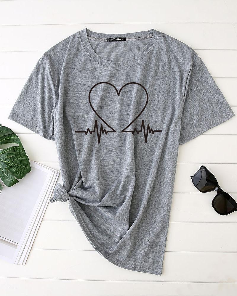 

Valentine's Day Unisex Heart Print Short Sleeve T-shirt, Gray